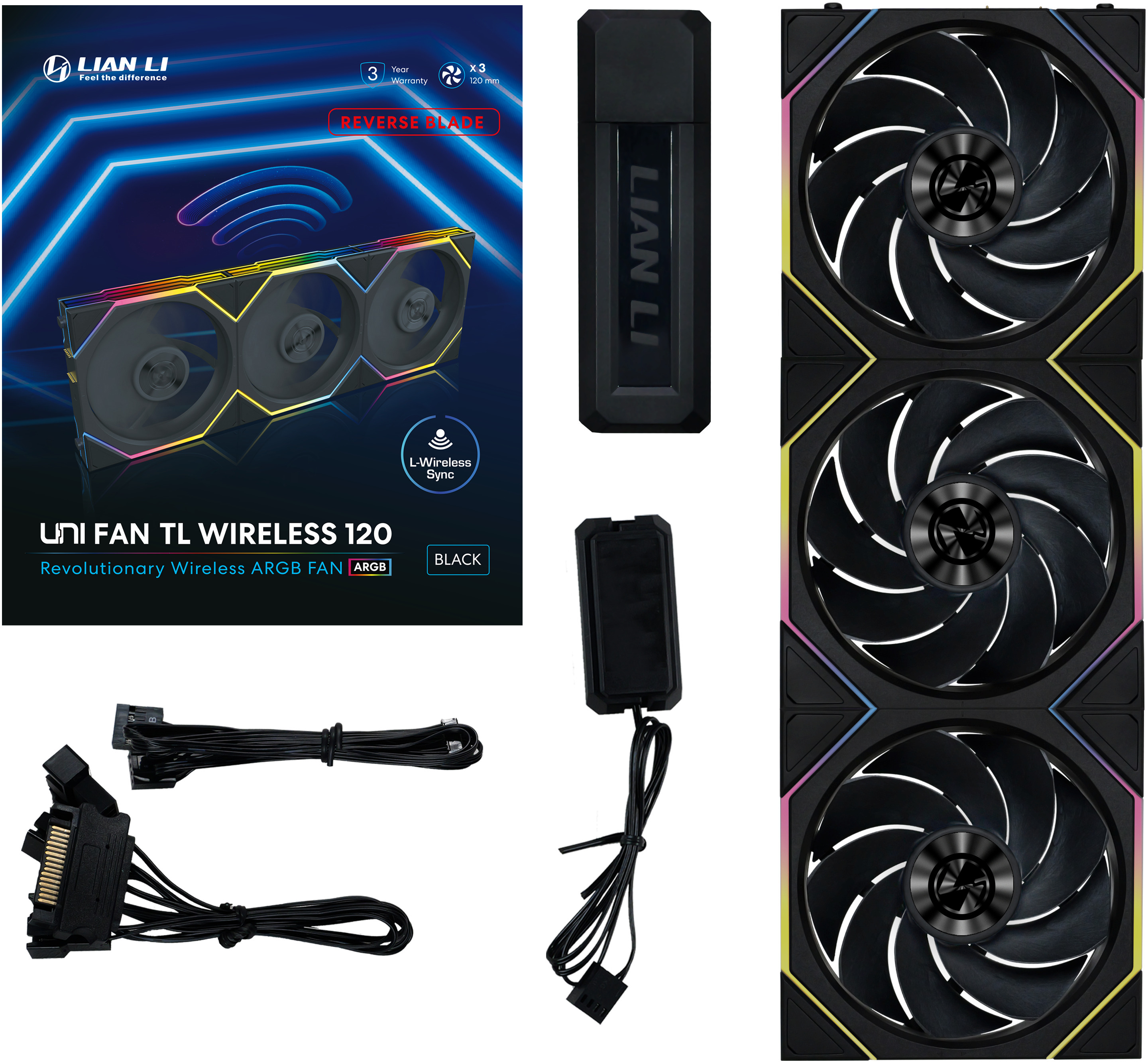 Lian Li - Ventoinha Lian Li UNI FAN TL120 RGB Wireless Reverse PWM Preto 120mm (Pack 3)