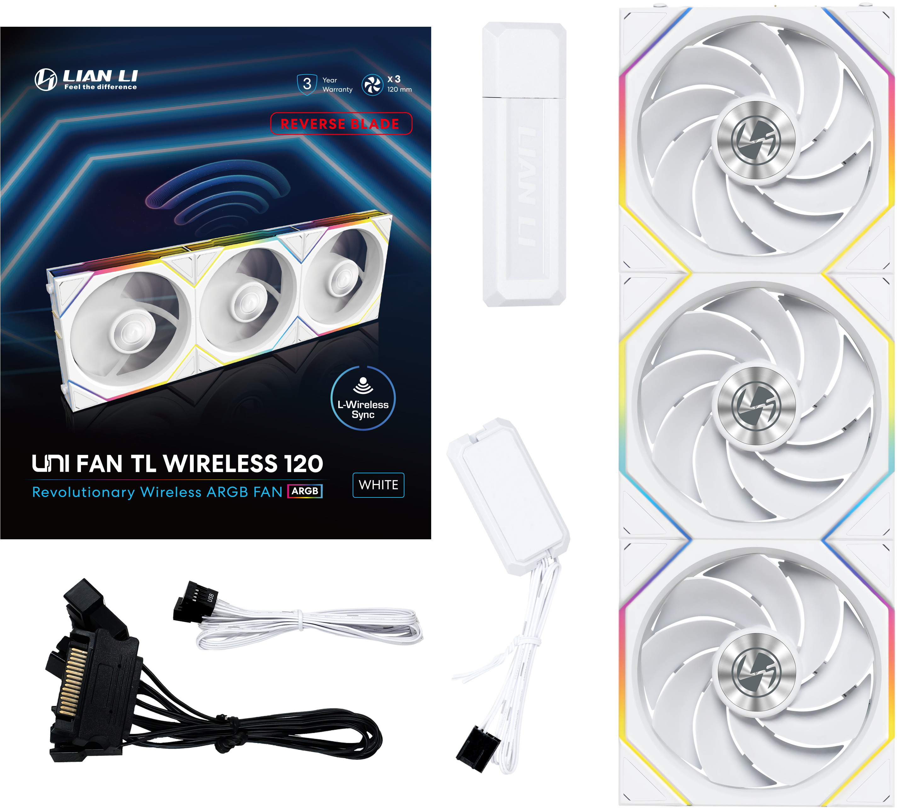 Lian Li - Ventoinha Lian Li UNI FAN TL120 RGB Wireless Reverse PWM Branco 120mm (Pack 3)