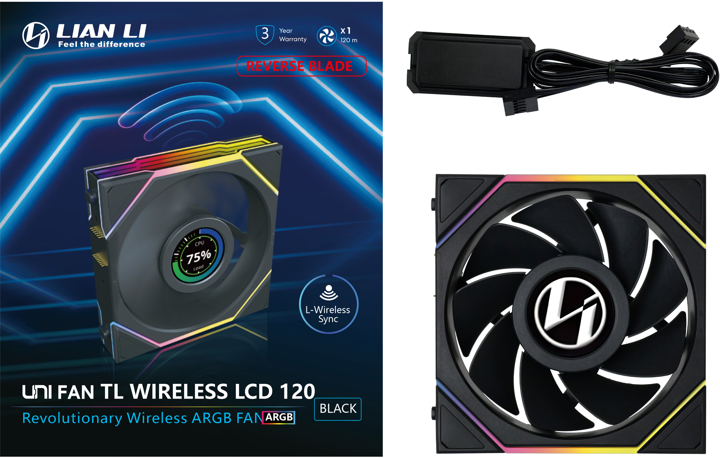 Lian Li - Ventoinha Lian Li UNI FAN TL120 LCD Wireless RGB Reverse PWM Preto 120mm
