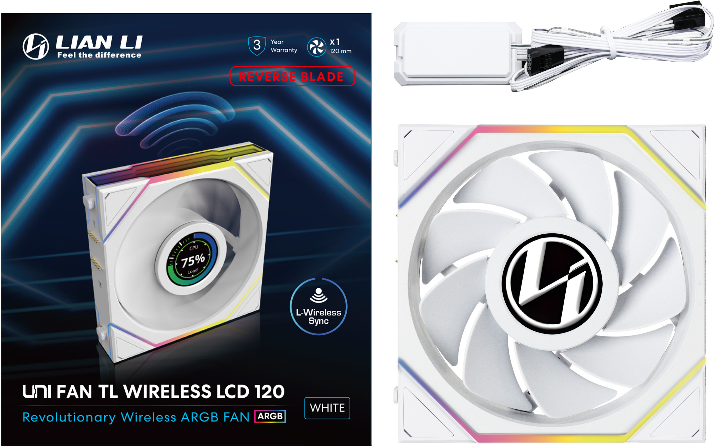Lian Li - Ventoinha Lian Li UNI FAN TL120 LCD Wireless RGB Reverse PWM Branco 120mm
