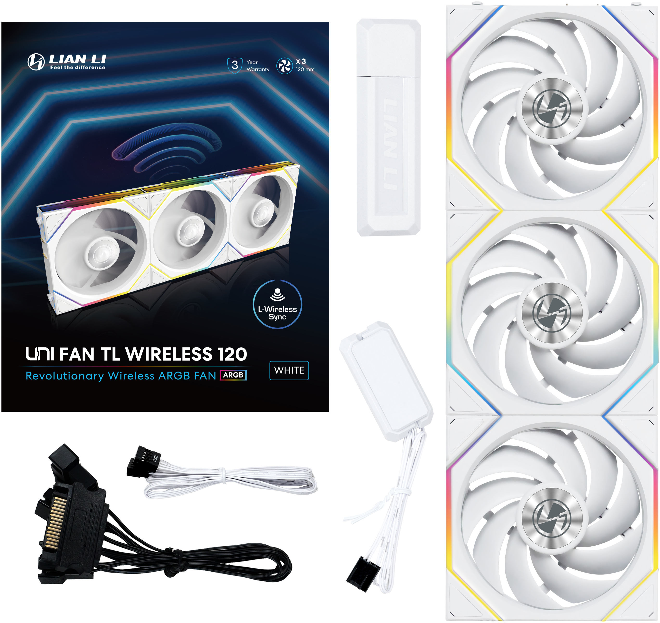 Lian Li - Ventoinha Lian Li UNI FAN TL120 Wireless RGB PWM Branco 120mm (Pack 3)