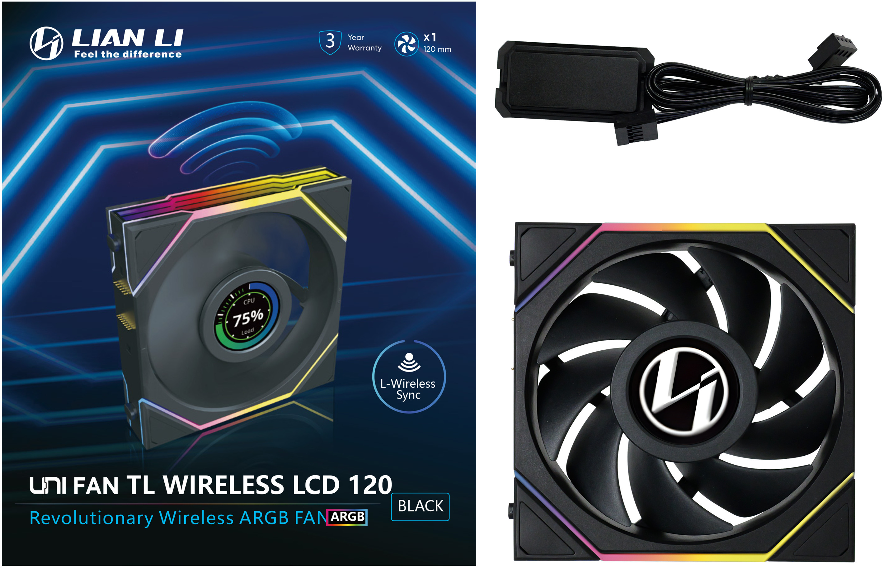Lian Li - Ventoinha Lian Li UNI FAN TL120 LCD Wireless RGB PWM Preto 120mm