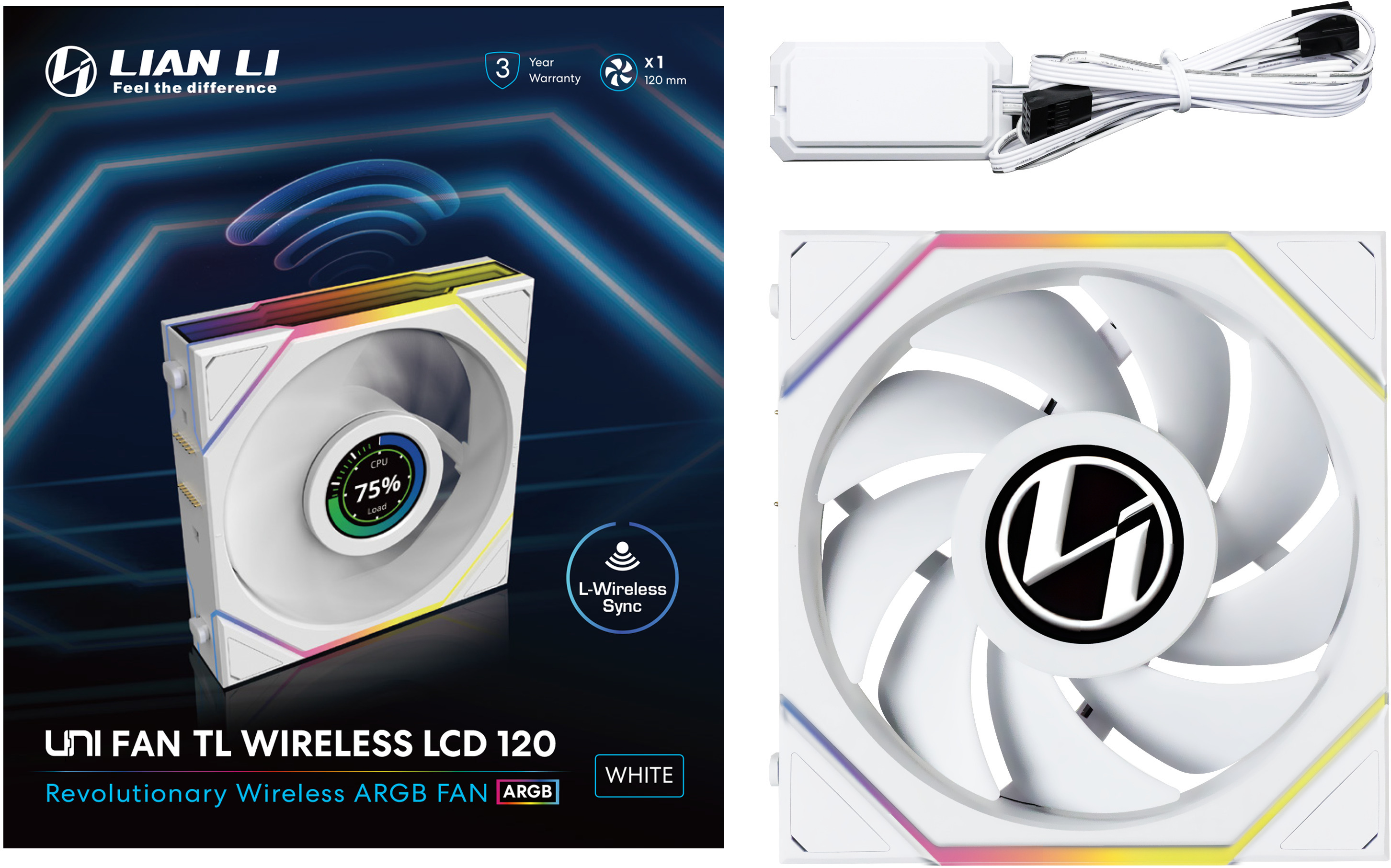 Lian Li - Ventoinha Lian Li UNI FAN TL120 LCD Wireless RGB PWM Branco 120mm