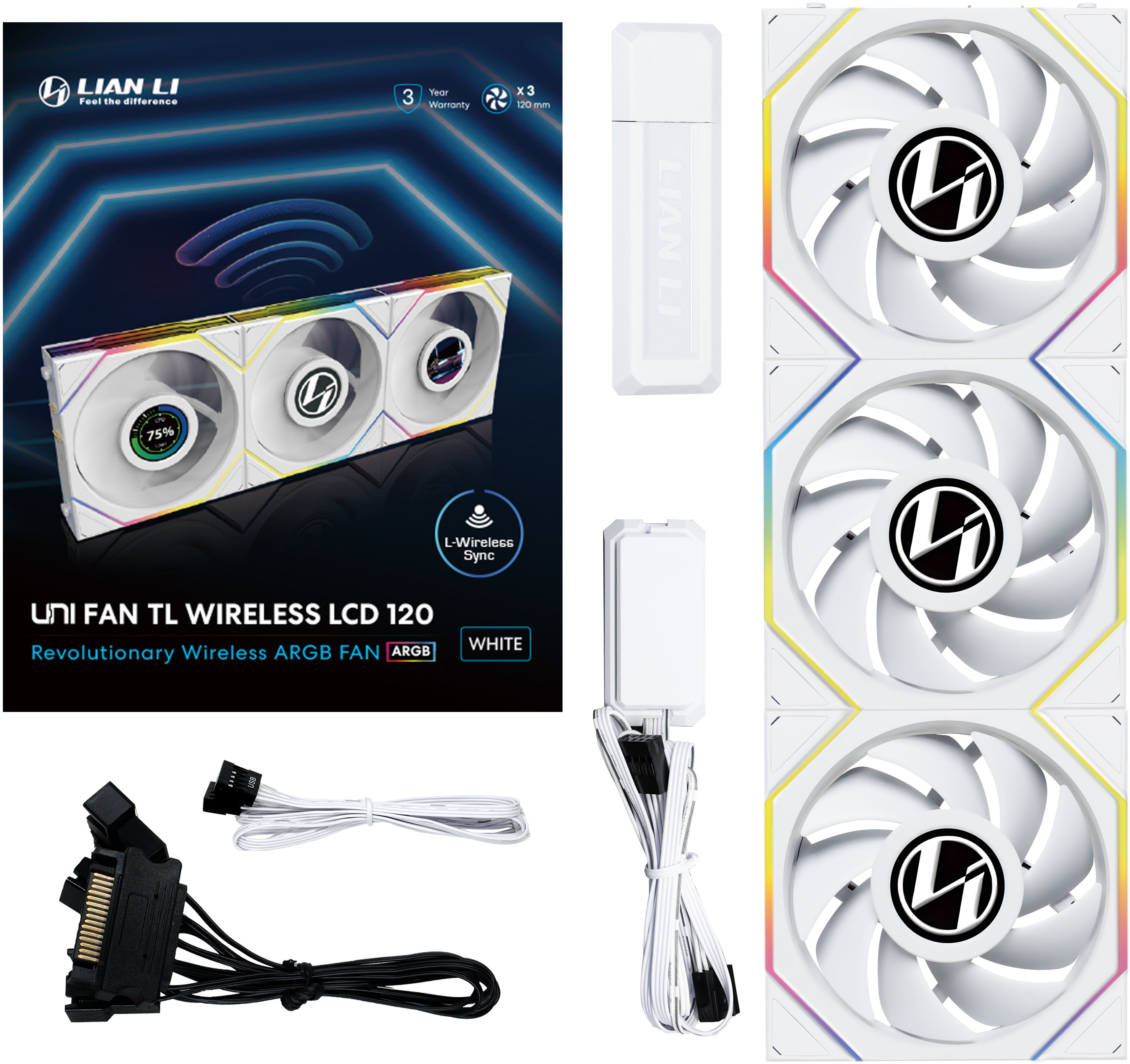 Lian Li - Ventoinha Lian Li UNI FAN TL120 LCD Wireless RGB PWM Branco 120mm (Pack 3)