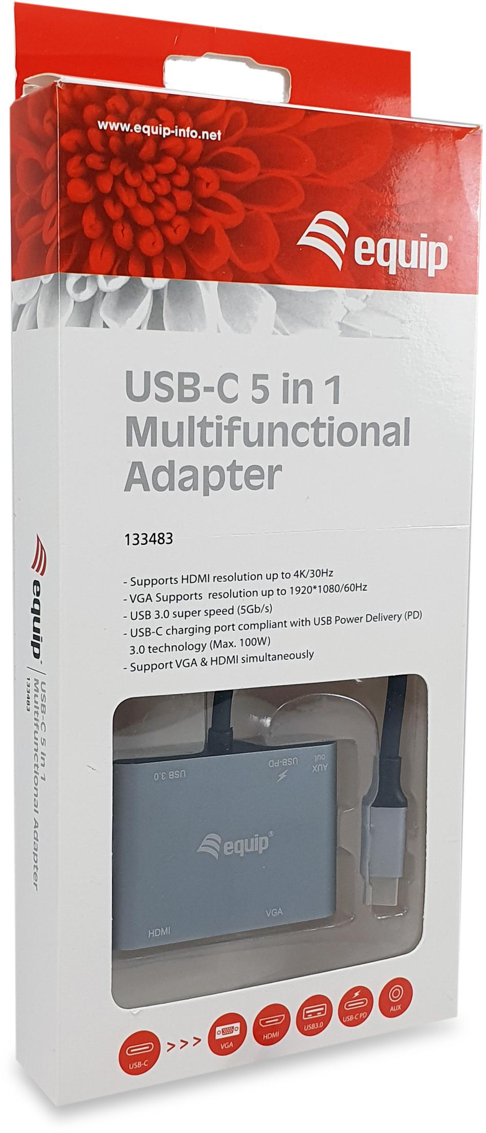 equip - Adaptador Equip USB-C 5-in-1 Multiport PD 100W Cinza