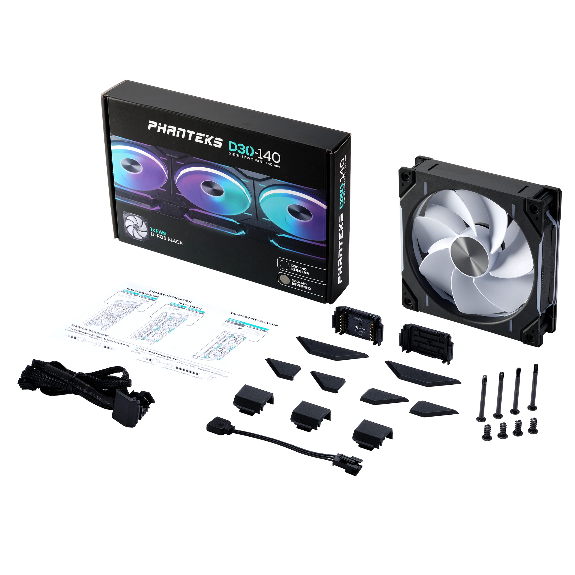 Phanteks - Ventoinha Phanteks D30 PWM reverse Airflow D-RGB Preto - 140mm
