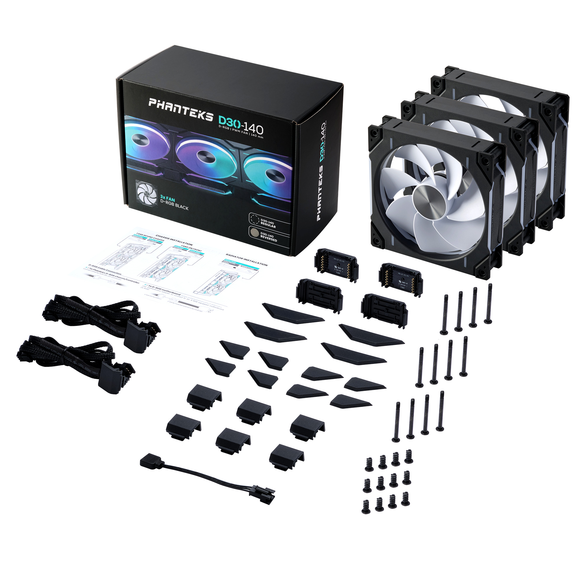 Phanteks - Ventoinha Phanteks D30 PWM reverse Airflow D-RGB Preto Pack 3 - 140mm