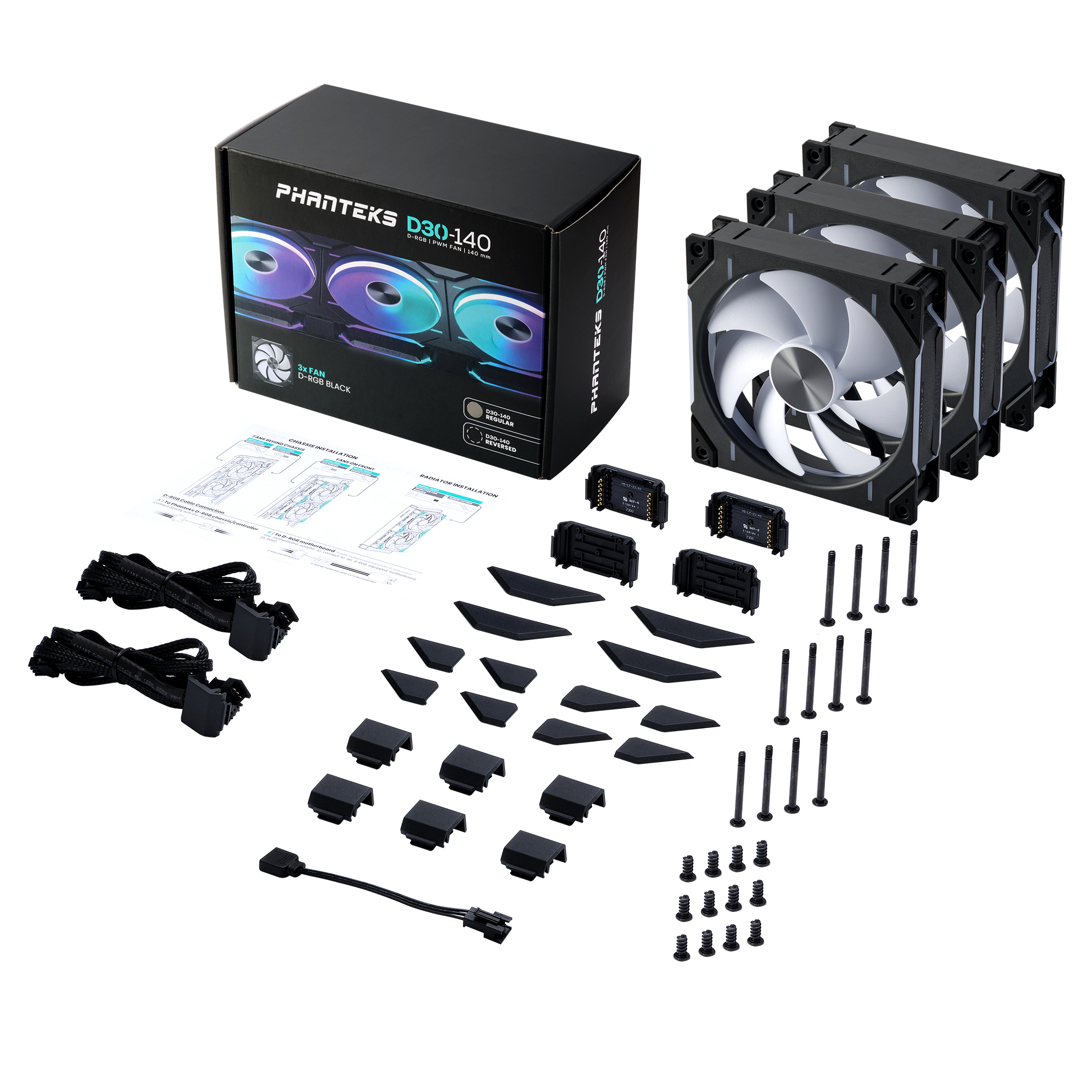Phanteks - Ventoinha Phanteks D30 PWM reverse Airflow D-RGB Preto Pack 3 - 140mm