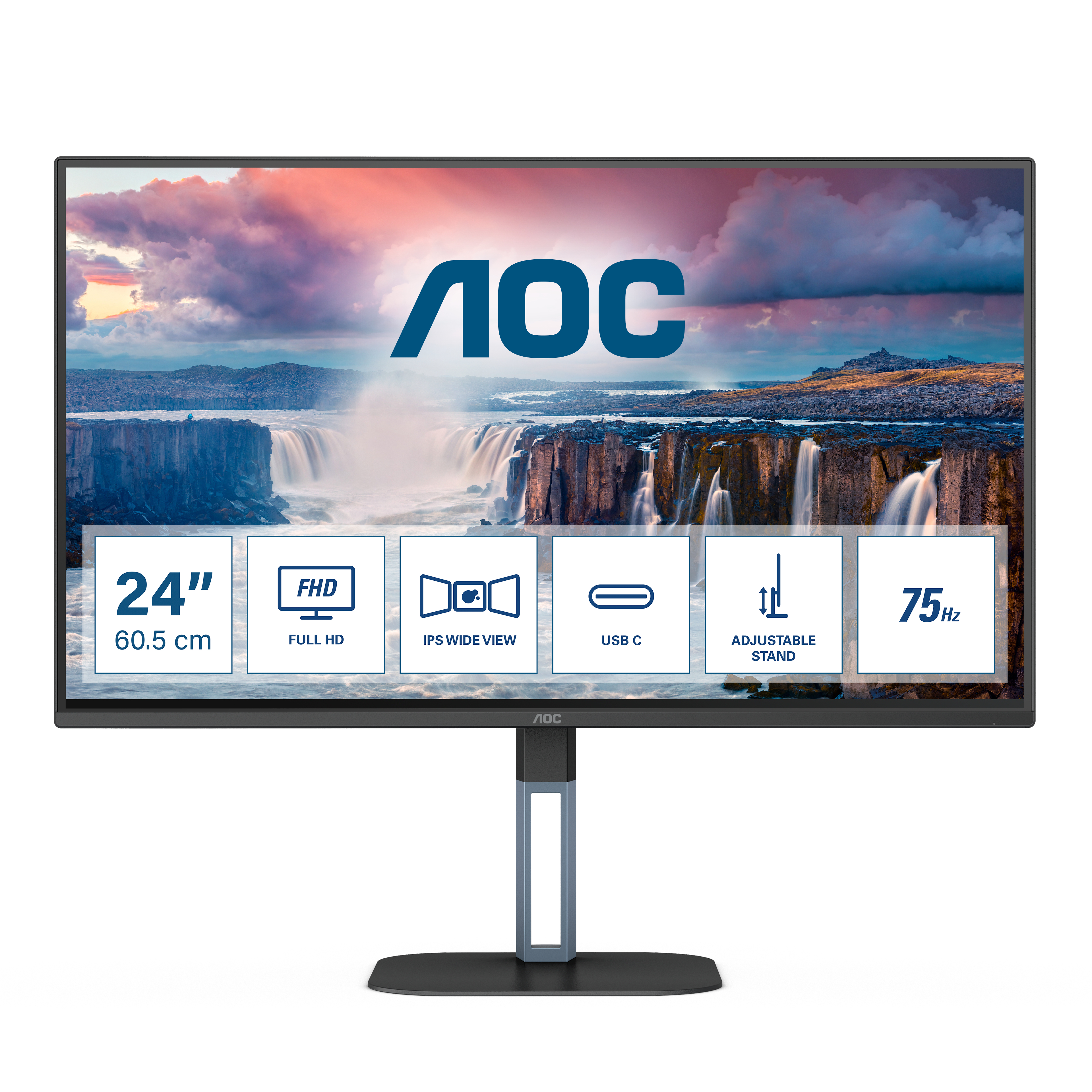 AOC - Monitor AOC 23.8" 24V5C/BK IPS FHD 75Hz 1ms USB-C 3.2 ( DP alt + PD65W) Low Blue Light c/Ajuste Altura
