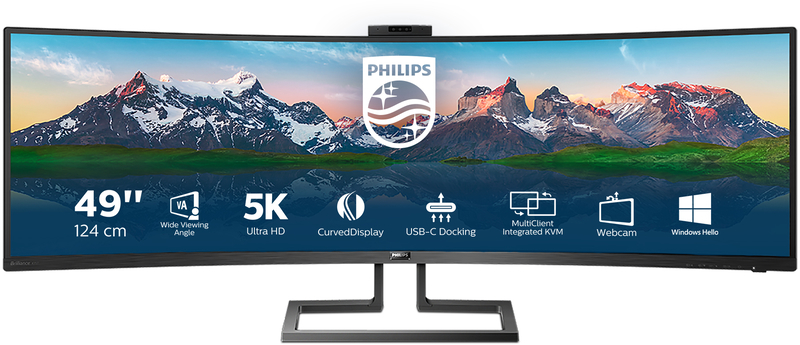 Philips - Monitor Curvo Philips 49" 499P9H VA Dual QHD 70Hz 5ms USB-C (65W) WebCam