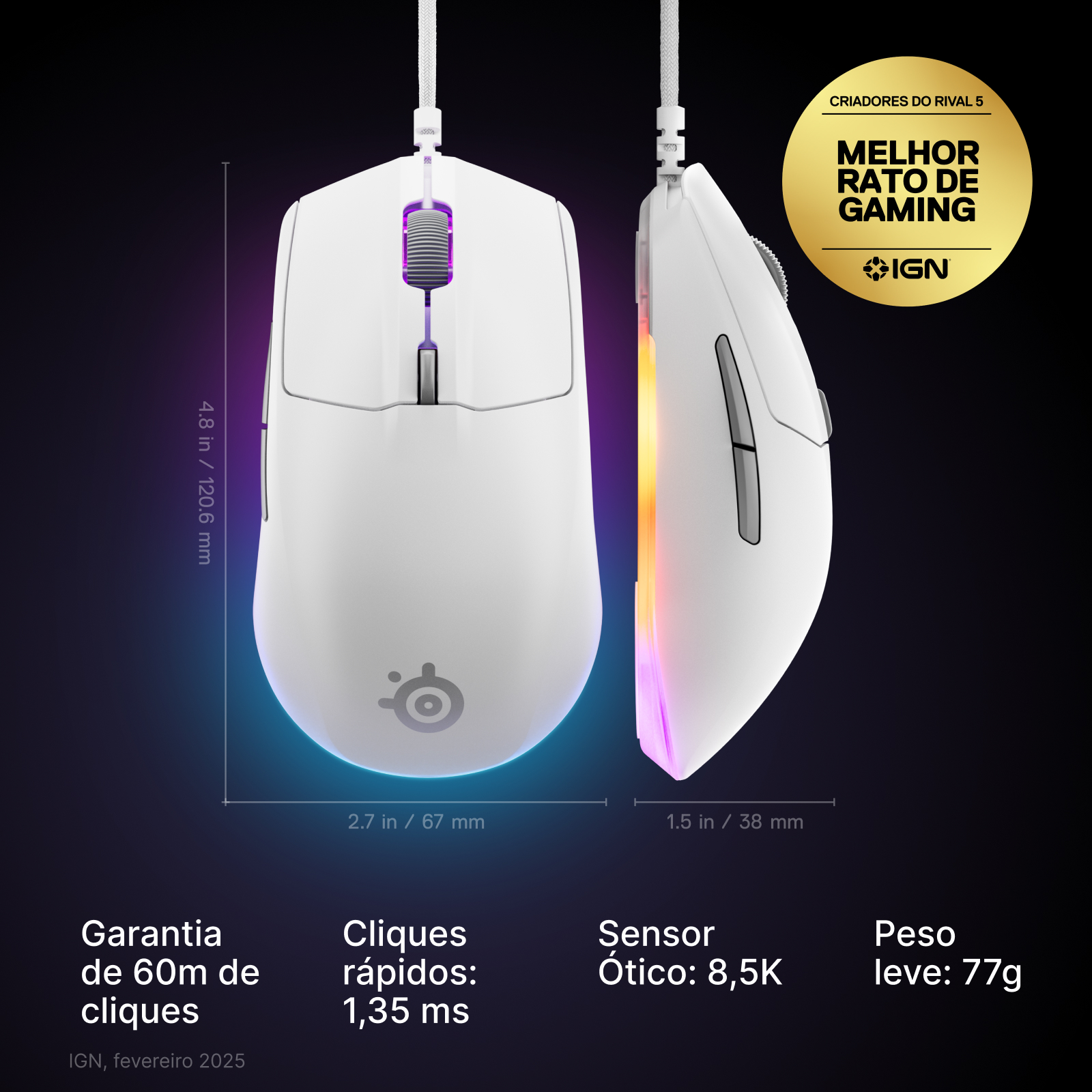 SteelSeries - Rato Steelseries Rival 3 Gen2 Branco