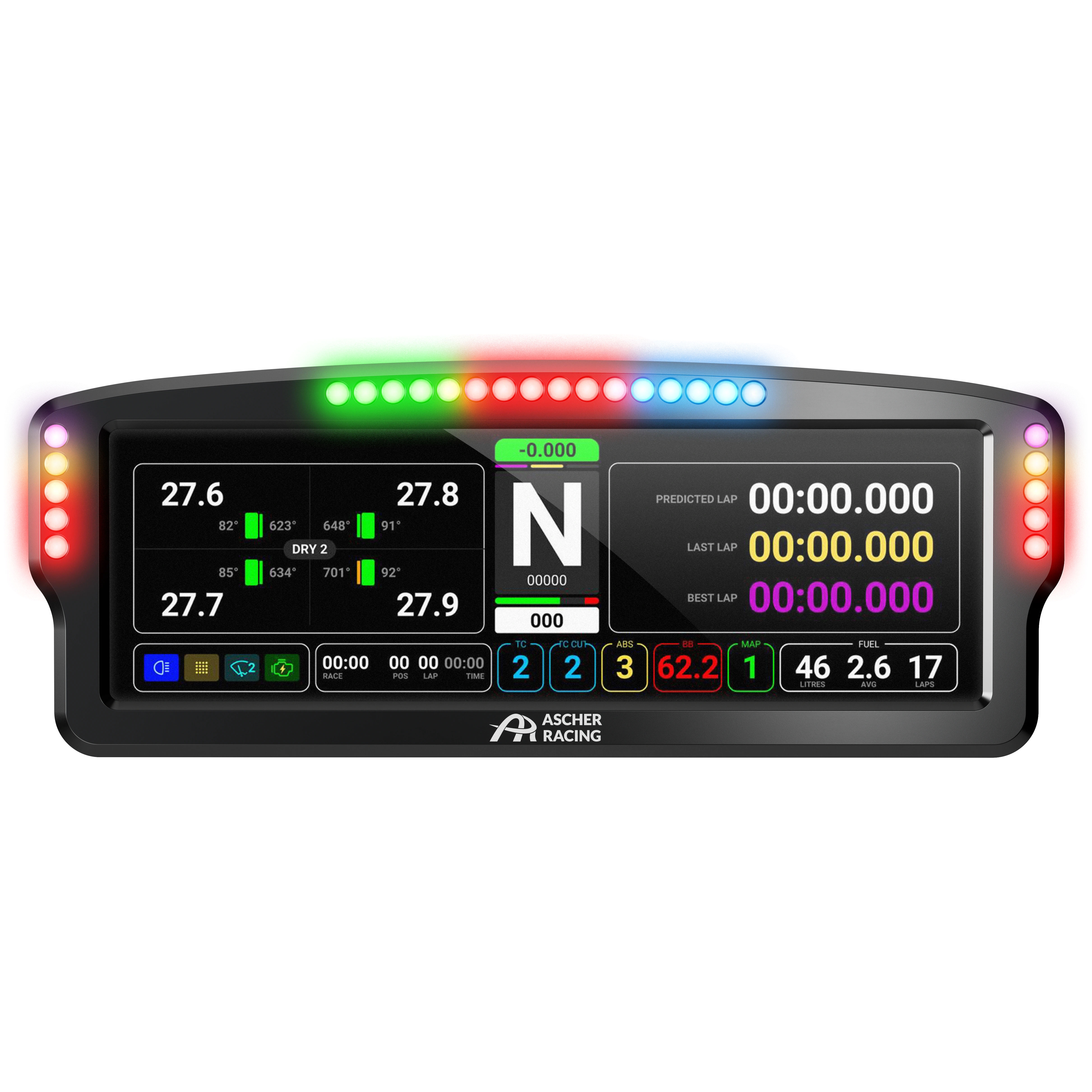 Ascher Racing - Dashboard 7.85" Ascher Racing com Touchscreen, 26 Led´s RGB