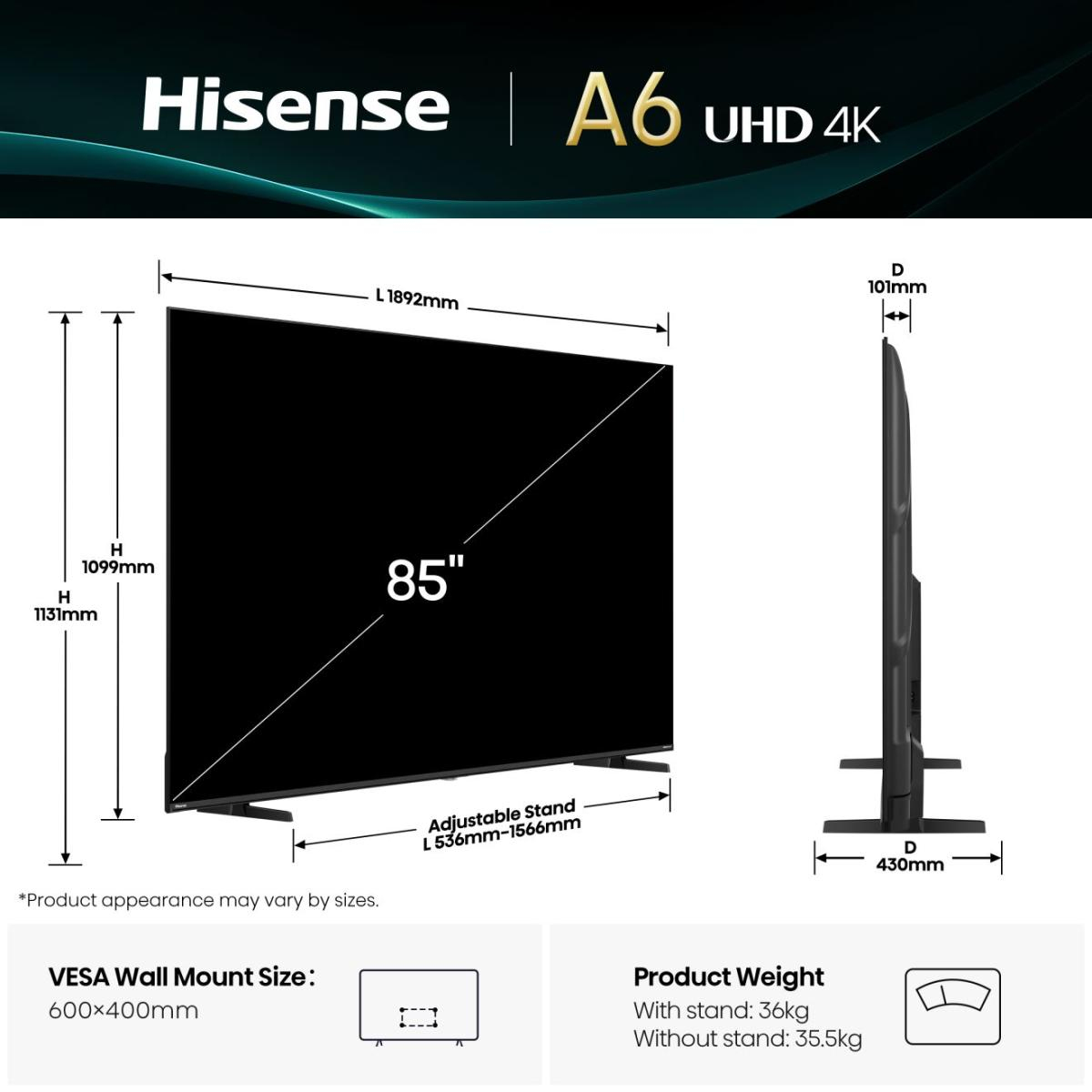 hisense - Televisão Hisense 85A6Q 85" LED UltraHD 4K VIDAA