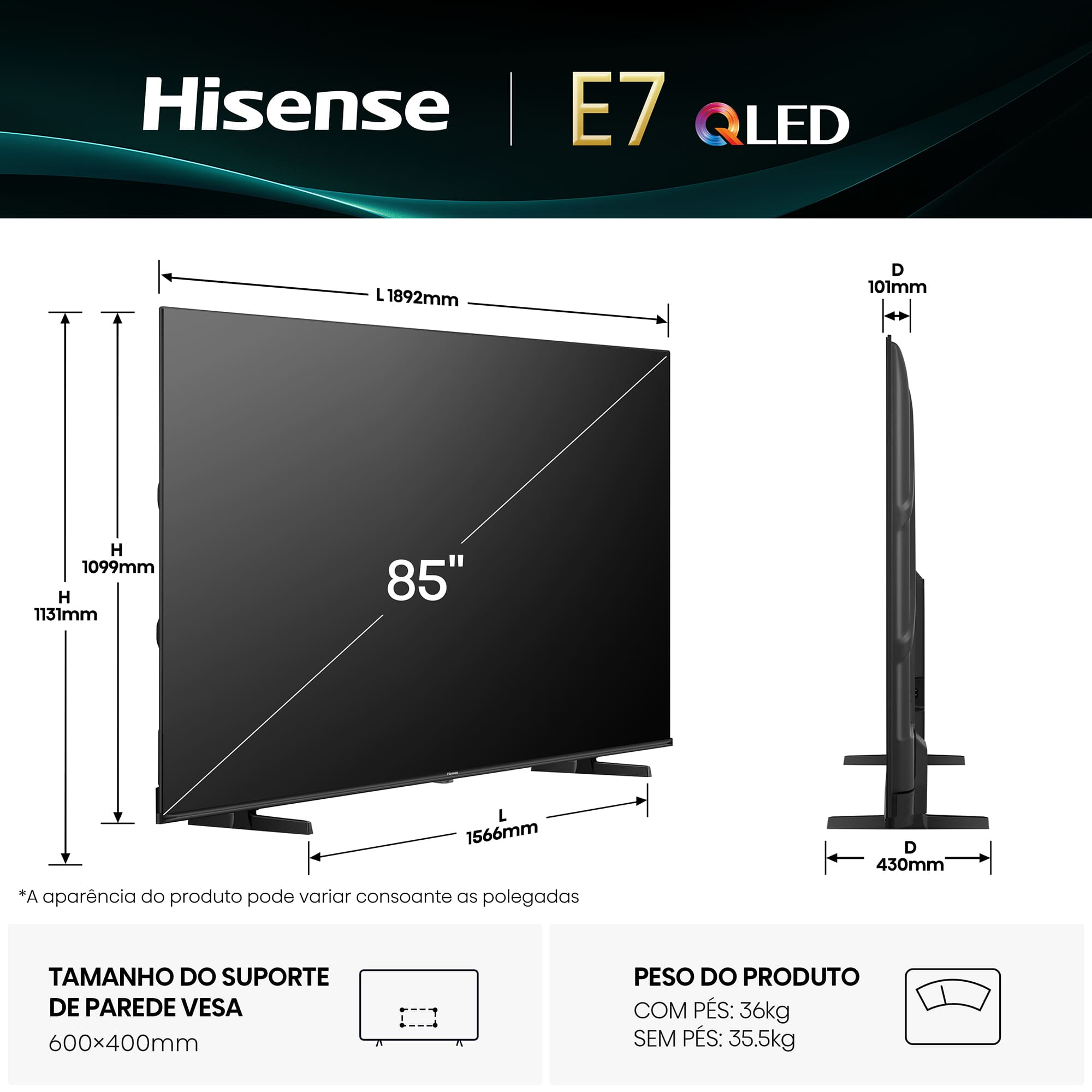 hisense - Televisão Hisense 85E7Q 85" QLED UltraHD 4K VIDAA