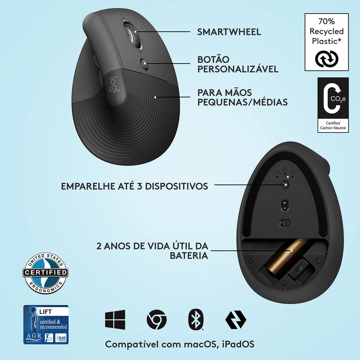 Logitech - Rato Laser Logitech Lift Vertical Ergonómico Wireless 4000DPI Graphite Mão Direita