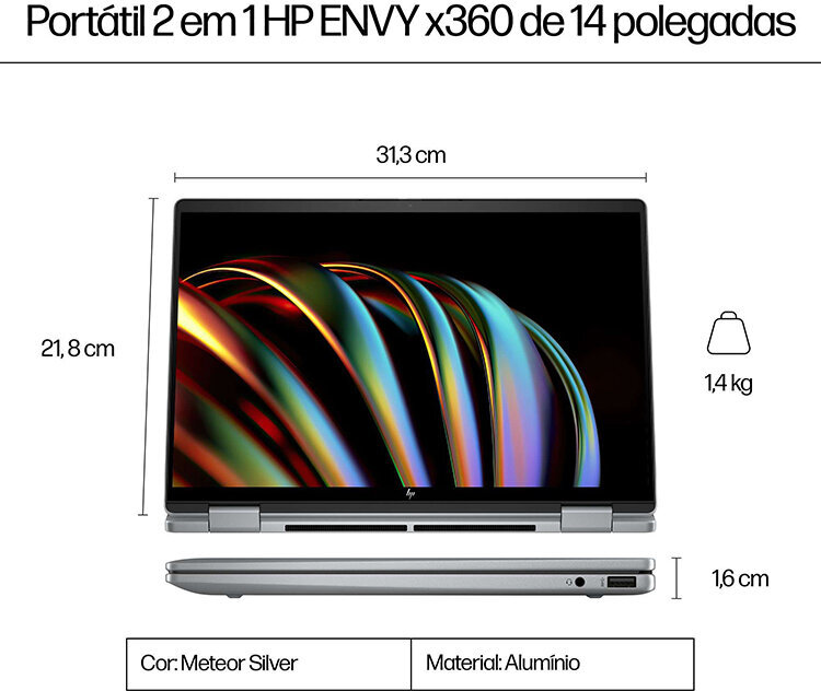 HP - Portátil HP Envy x360 2-in-1 14-fc0007np 14" Ultra 7 155U 32GB DDR5 512GB W11