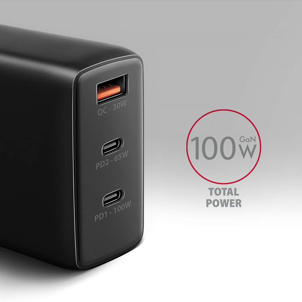 Picture of Picture of Carregador de parede AXAGON ACU-DPQ100, 3 portas (USB + USB-C duplo), PD3.0/QC4+/PPS/Apple, 100 W, Preto
