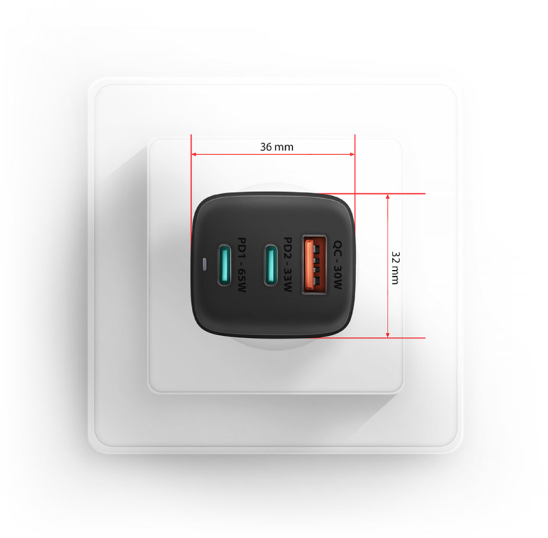 AXAGON - Carregador de parede AXAGON ACU-DPQ65, 3 portas (USB + USB-C duplo), PD3.0/QC4+/PPS/Apple, 65 W, Preto