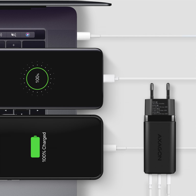 AXAGON - Carregador de parede AXAGON ACU-DPQ65, 3 portas (USB + USB-C duplo), PD3.0/QC4+/PPS/Apple, 65 W, Preto