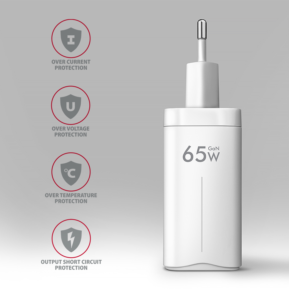 AXAGON - Carregador de parede AXAGON ACU-DPQ65, 3 portas (USB + USB-C duplo), PD3.0/QC4+/PPS/Apple, 65 W, Branco