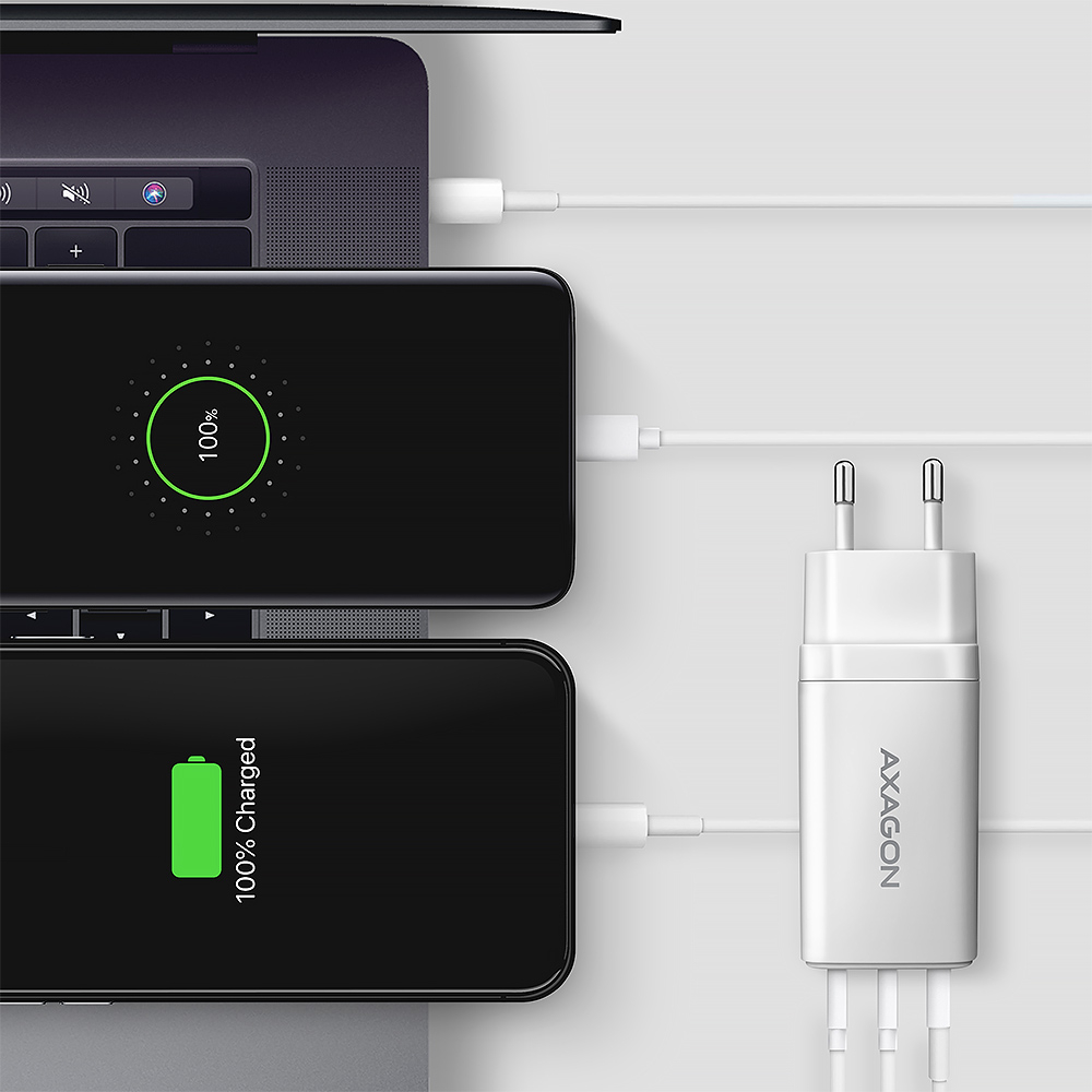 AXAGON - Carregador de parede AXAGON ACU-DPQ65, 3 portas (USB + USB-C duplo), PD3.0/QC4+/PPS/Apple, 65 W, Branco