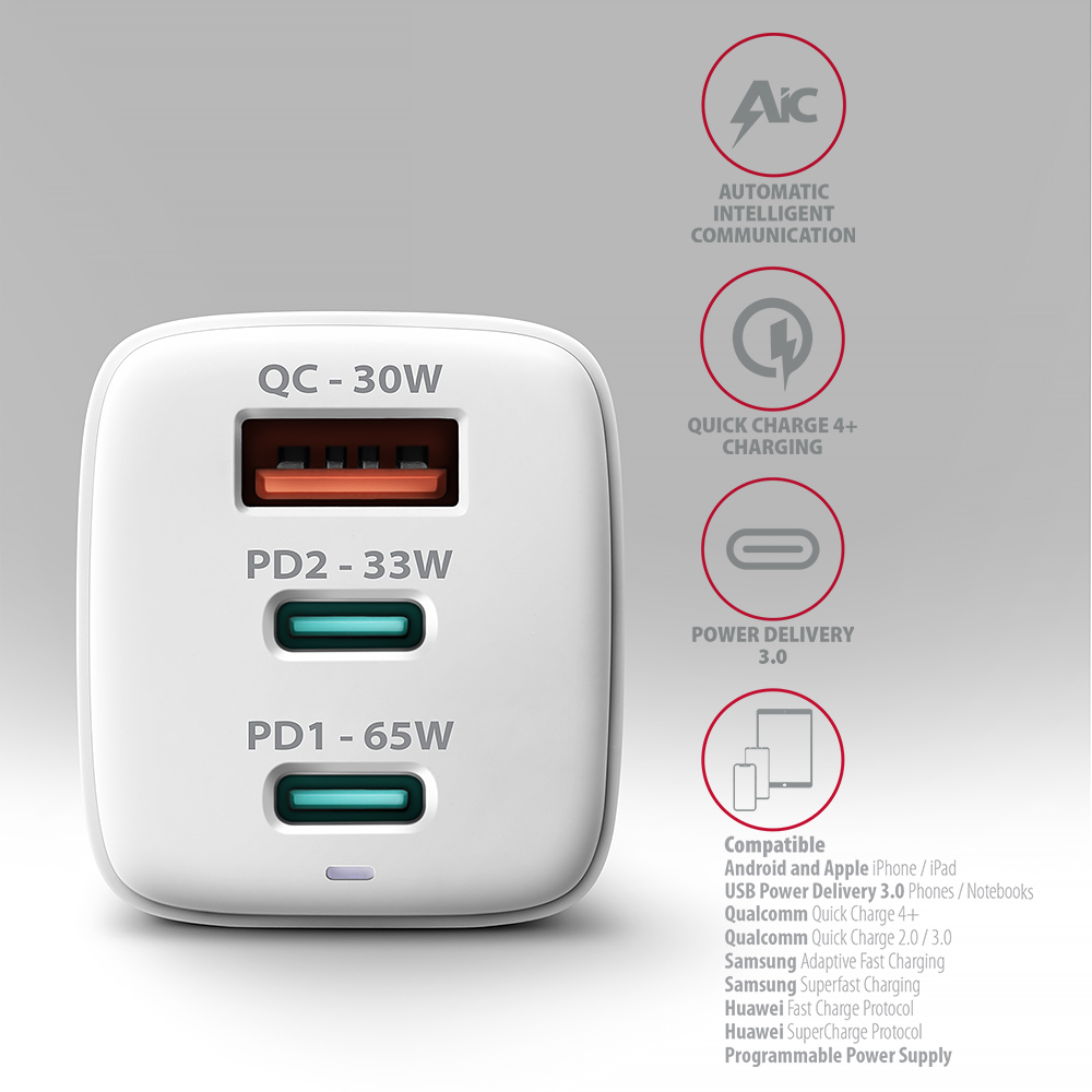 AXAGON - Carregador de parede AXAGON ACU-DPQ65, 3 portas (USB + USB-C duplo), PD3.0/QC4+/PPS/Apple, 65 W, Branco