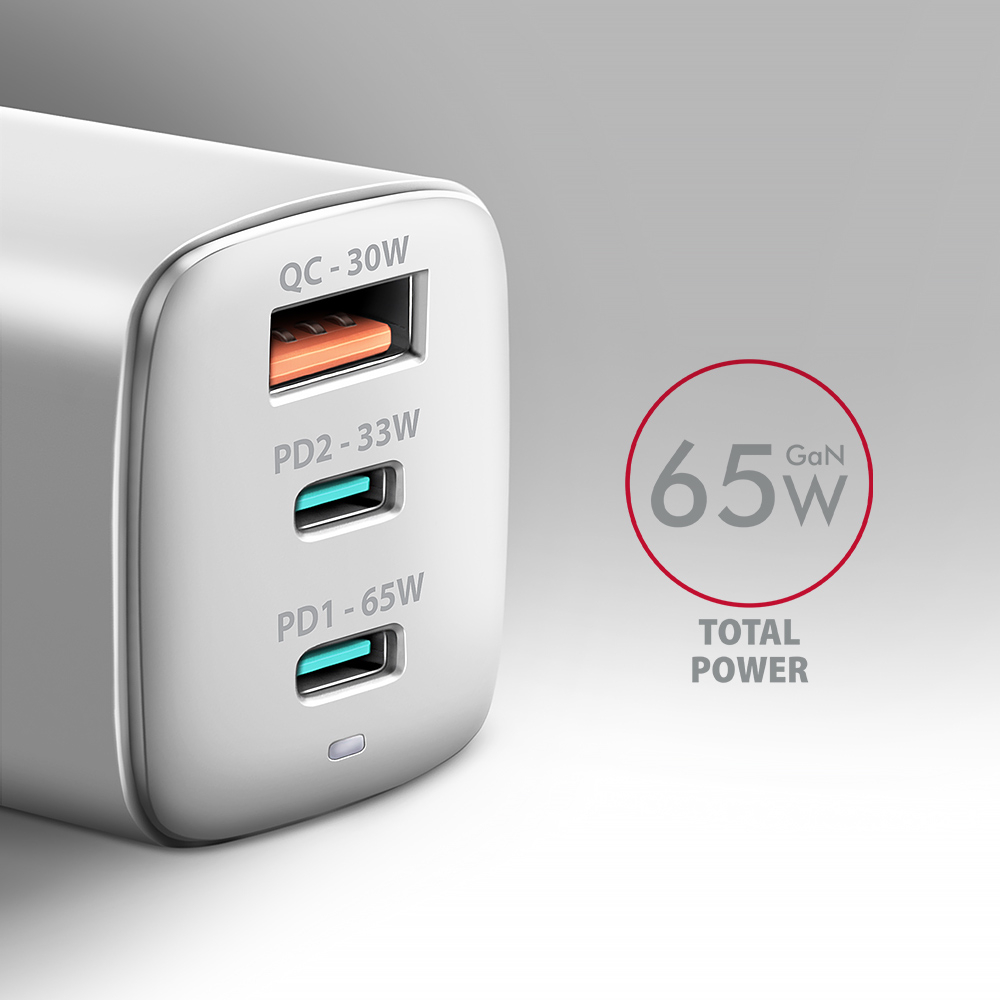 Picture of Picture of Carregador de parede AXAGON ACU-DPQ65, 3 portas (USB + USB-C duplo), PD3.0/QC4+/PPS/Apple, 65 W, Branco