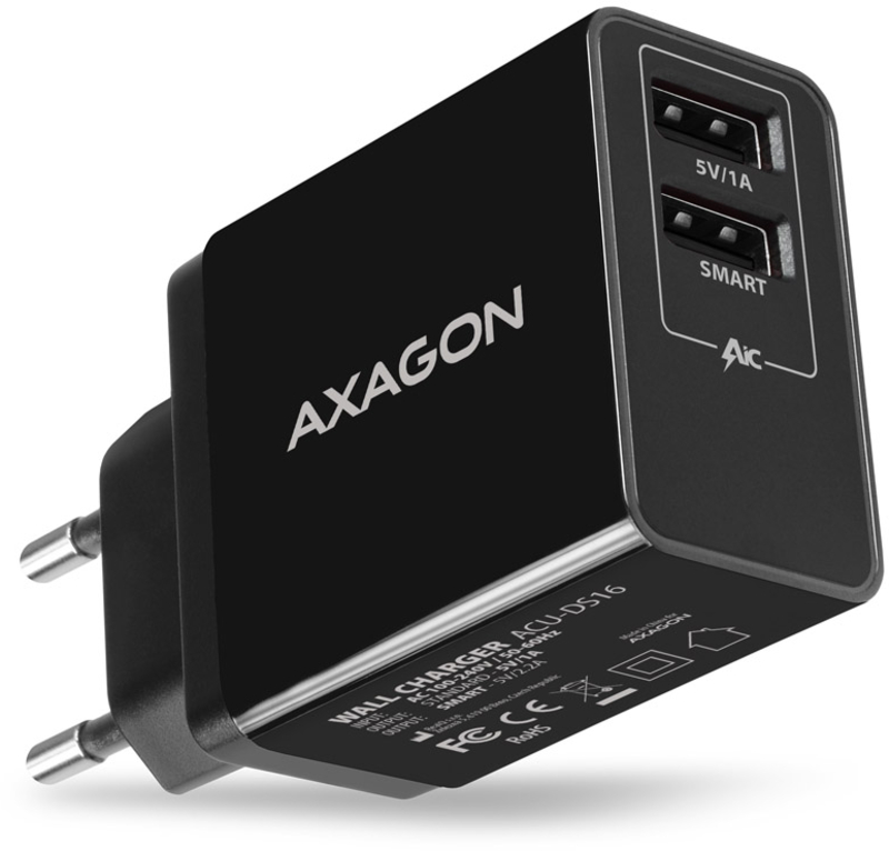 AXAGON - Carregador de parede AXAGON ACU-DS16  2x 5V-2.2A + 1A 16W, Preto