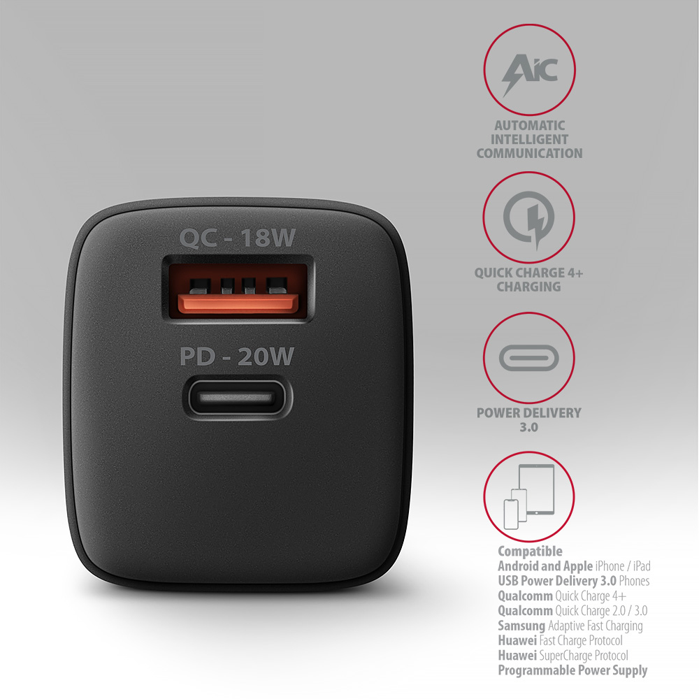 Picture of Picture of Carregador de parede AXAGON ACU-PQ20 QC3.0/AFC/FCP + PD type-C  20W Preto