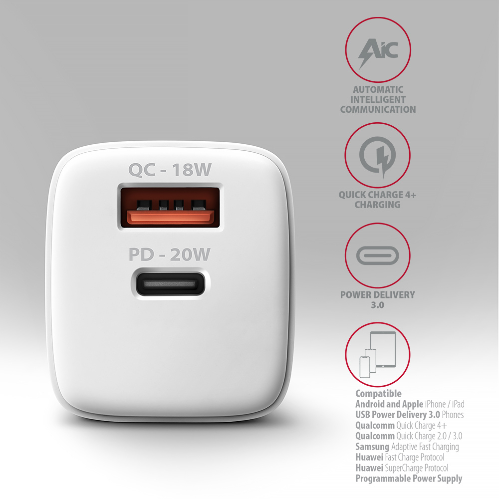 Picture of Picture of Carregador de parede AXAGON ACU-PQ20W QC3.0/AFC/FCP + PD type-C  20W Branco