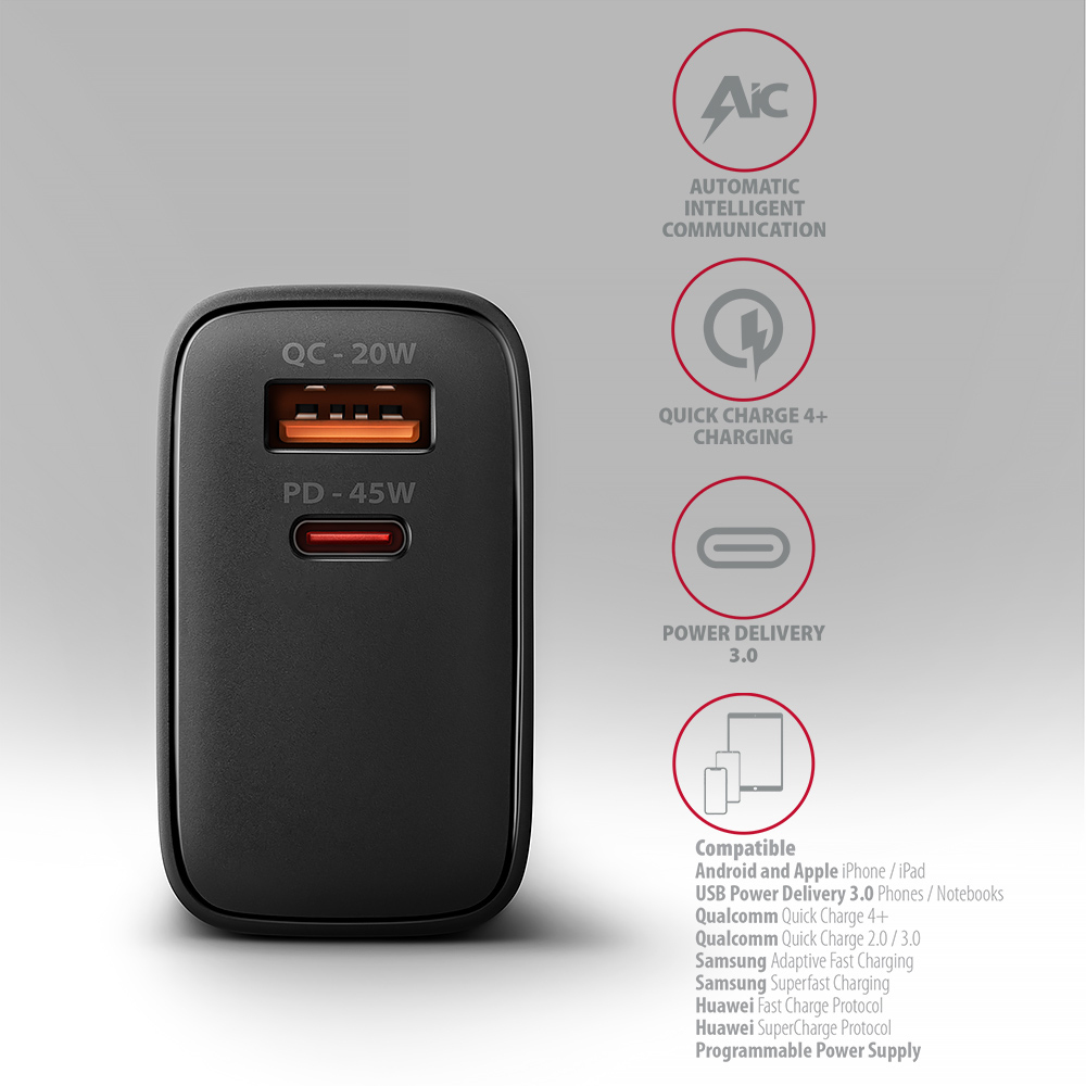 Picture of Picture of Carregador de parede AXAGON ACU-PQ45 QC3.0,4.0/AFC/FCP/PPS/Apple + PD type-C 45W Preto