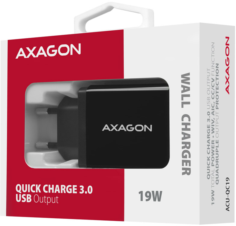AXAGON - Carregador de parede AXAGON ACU-QC19 1x QC3.0/AFC/FCP/SMART 19W Preto