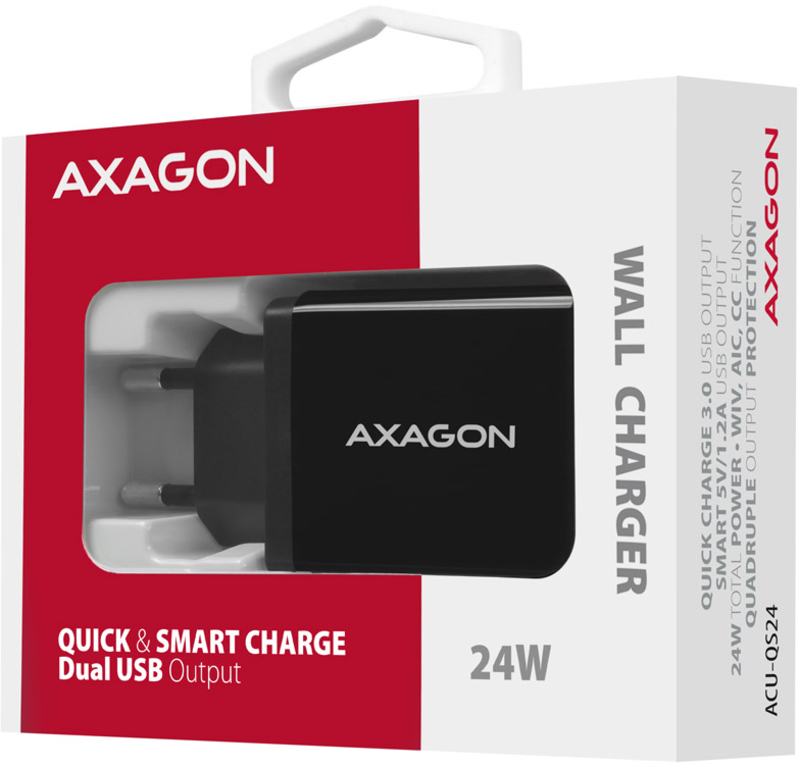 AXAGON - Carregador de parede AXAGON ACU-QS24 5V 1,2A + 1x QC3.0 24W Preto
