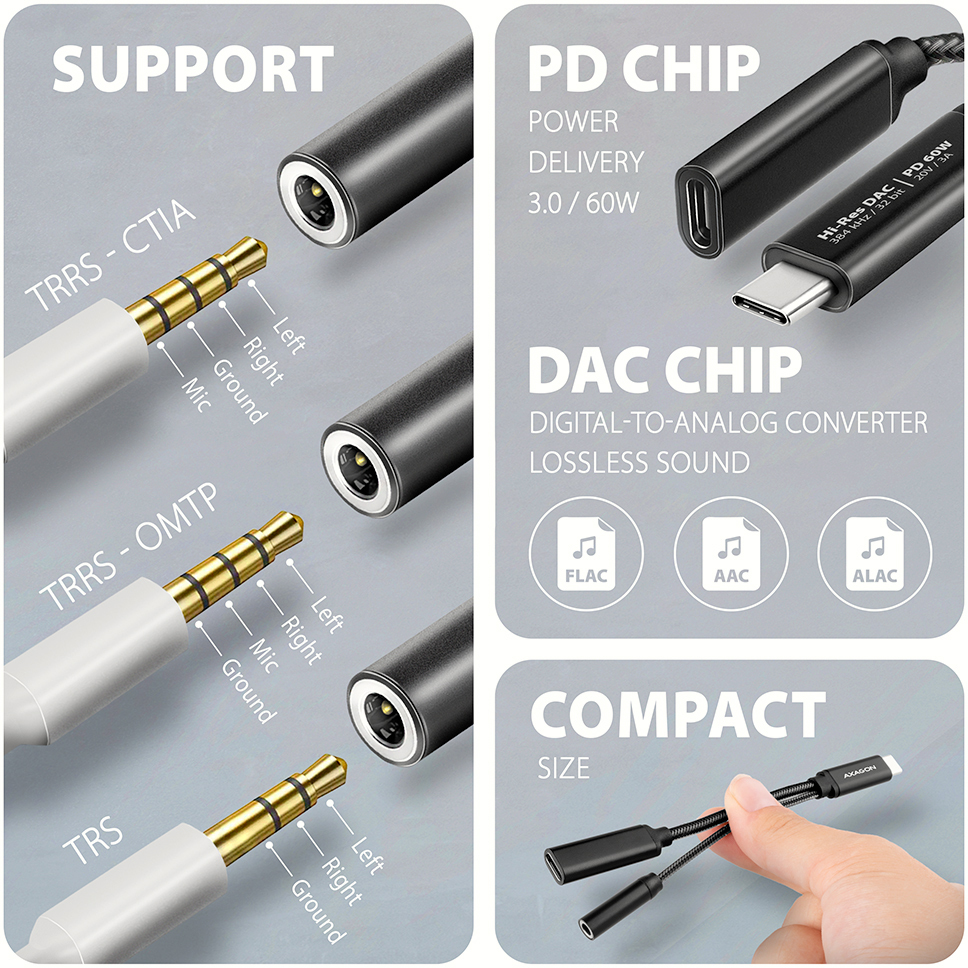 Picture of Picture of Adaptador Áudio AXAGON ADA-HCPD USB-C - 3.5mm (F) conector Hi-Res DAC 32bit 384kHz  PD 60W 3A
