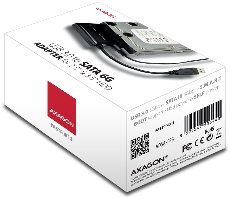 AXAGON - Adaptador AXAGON ADSA-FP3 FASTPort3, USB 3.0, HDD/SSD/ODD, SATA 6G HDD - inclui carregador