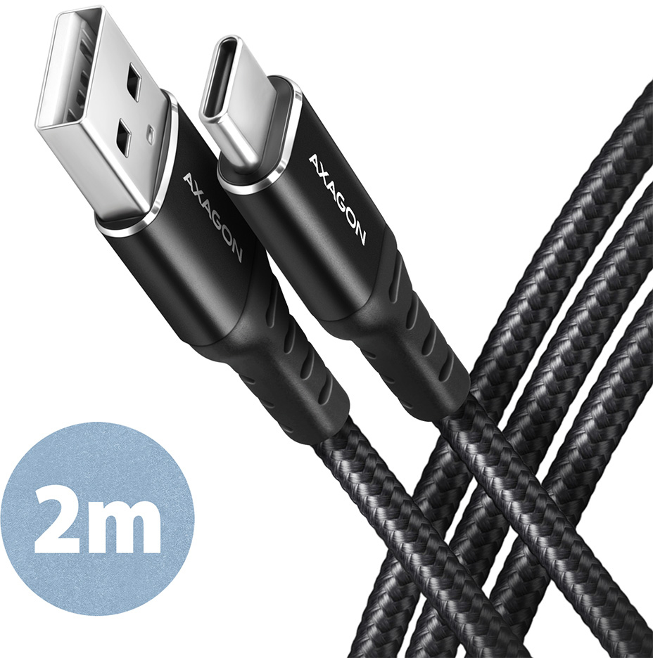 Picture of Picture of Cabo de carregamento AXAGON BUCM-AM20AB USB-C  <-> USB-A, 2m, USB 2.0, 3A, ALU, braid, Preto