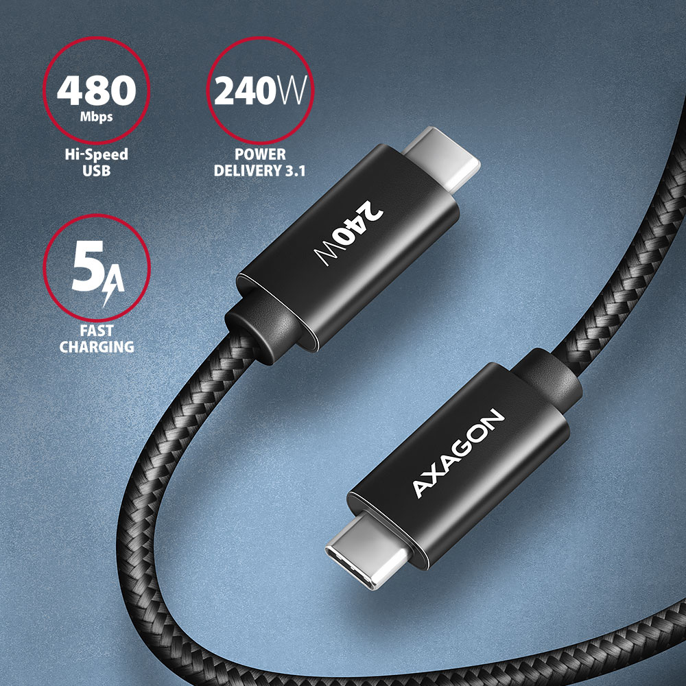 Picture of Picture of Cabo de Carregamento AXAGON BUCM2-CM15AB USB-C <-> USB-C 2.0, 1.5m, PD 240W 5A, ALU, braid