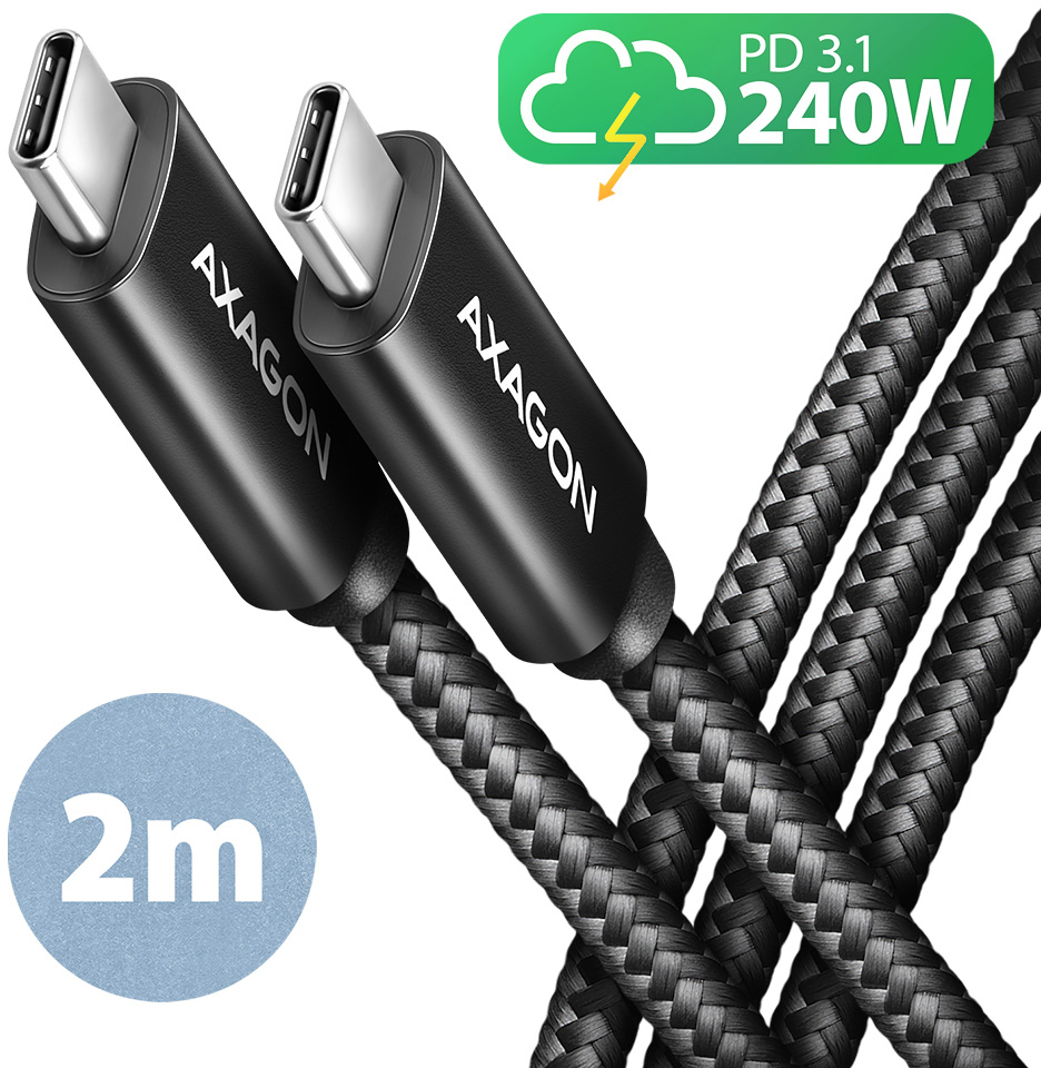 AXAGON - Cabo de Carregamento AXAGON BUCM2-CM20AB USB-C <-> USB-C 2.0, 2m, PD 240W 5A, ALU, braid