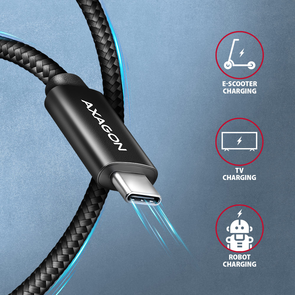 Picture of Picture of Cabo de Carregamento AXAGON BUCM2-CM25AB USB-C <-> USB-C 2.0, 2.5m, PD 240W 5A, ALU, braid