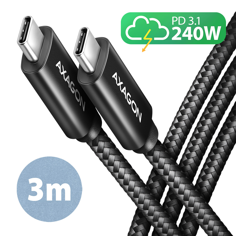 Picture of Picture of Cabo de Carregamento AXAGON BUCM2-CM30AB USB-C <-> USB-C 2.0, 3m, PD 240W 5A, ALU, braid