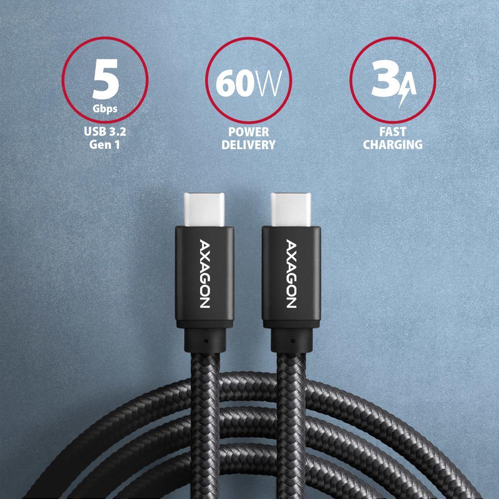 Picture of Picture of Cabo de carregamento AXAGON BUCM3-CM30AB cable USB-C  <-> USB-C 3.2 Gen 1, 3m, PD 60W, 3A, ALU, braid, Preto