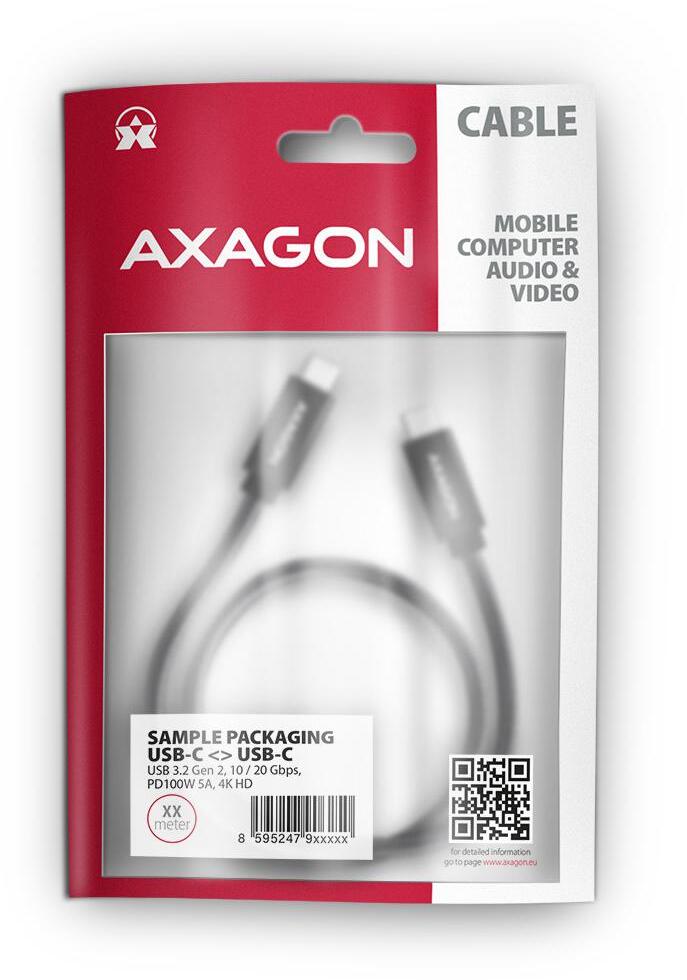 AXAGON - Cabo de carregamento AXAGON BUCM32-CM05AB USB-C  <-> USB-C 3.2 Gen 2, 0.5m, PD 100W, 5A, 4K HD, ALU, braid, Preto