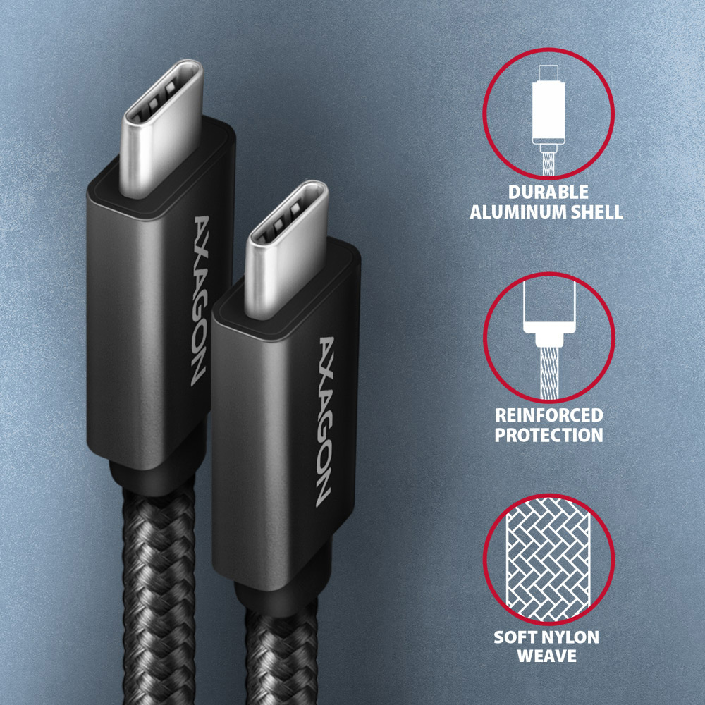 Picture of Picture of Cabo de carregamento AXAGON BUCM32-CM15AB USB-C  <-> USB-C 3.2 Gen 2, 1.5m, PD 100W, 5A, 4K HD, ALU, braid, Preto