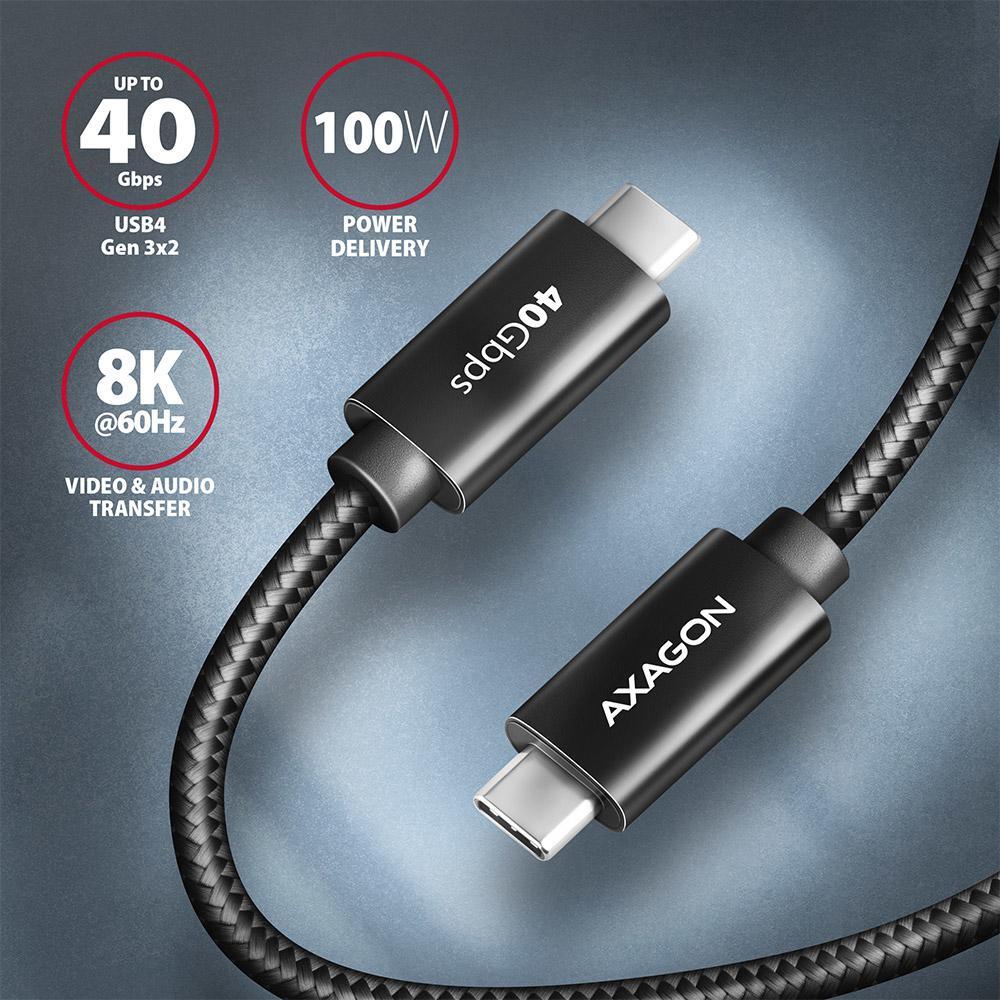 Picture of Picture of Cabo de carregamento AXAGON BUCM432-CM10AB USB-C <-> USB-C, USB4 Gen 3×2, 1m, PD 100W, 8K HD, ALU, braid, Preto