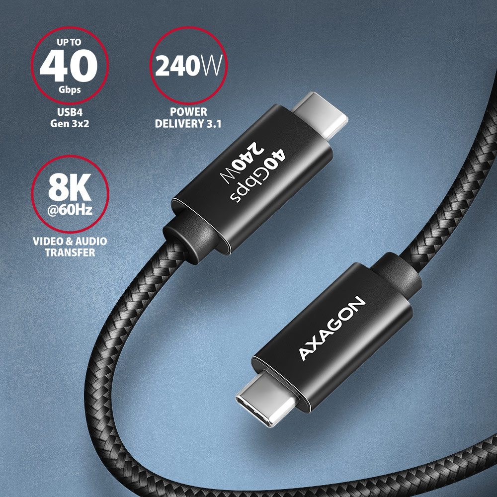 Picture of Picture of Cabo de carregamento AXAGON BUCM4X-CM10AB USB-C <-> USB-C, USB4 Gen 3×2, 1m, PD 240W, 8K HD, ALU, braid, Preto