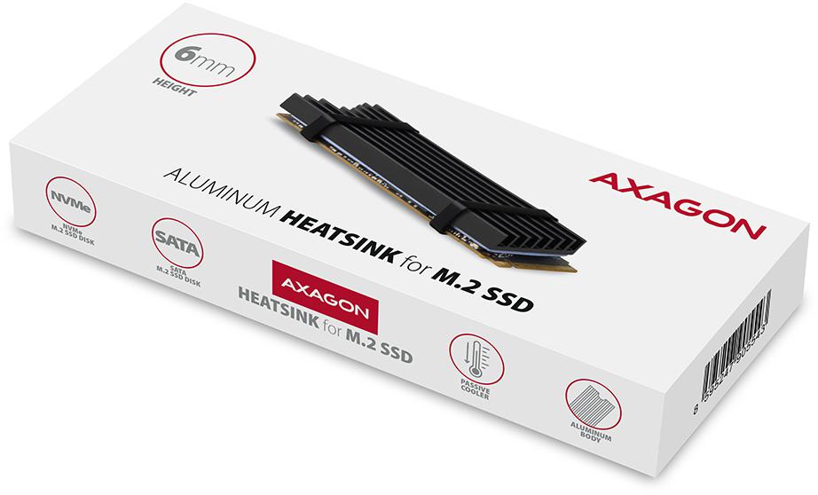 AXAGON - Dissipador Passivo AXAGON CLR-M2L6 - M.2 SSD, 80mm SSD, ALU, silicone thermal pads, height 6mm