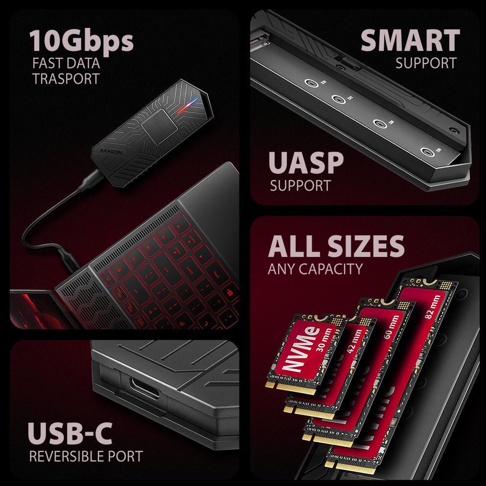 Picture of Picture of Caixa SSD AXAGON EEM2-GAM USB-C 3.2 Gen 2 10Gbps - M.2 NVMe/SATA SSD GAME 30-80mm ALU box
