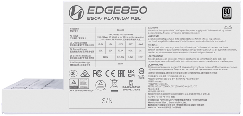 Lian Li - Fonte Modular Lian Li Edge 850W 80+ Platinum Branco