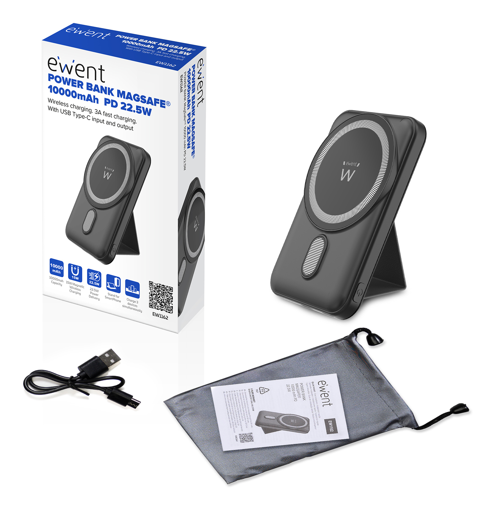 Ewent - Powerbank Ewent EW1162 Wireless Magsafe 10000mAh 22.5W Preta