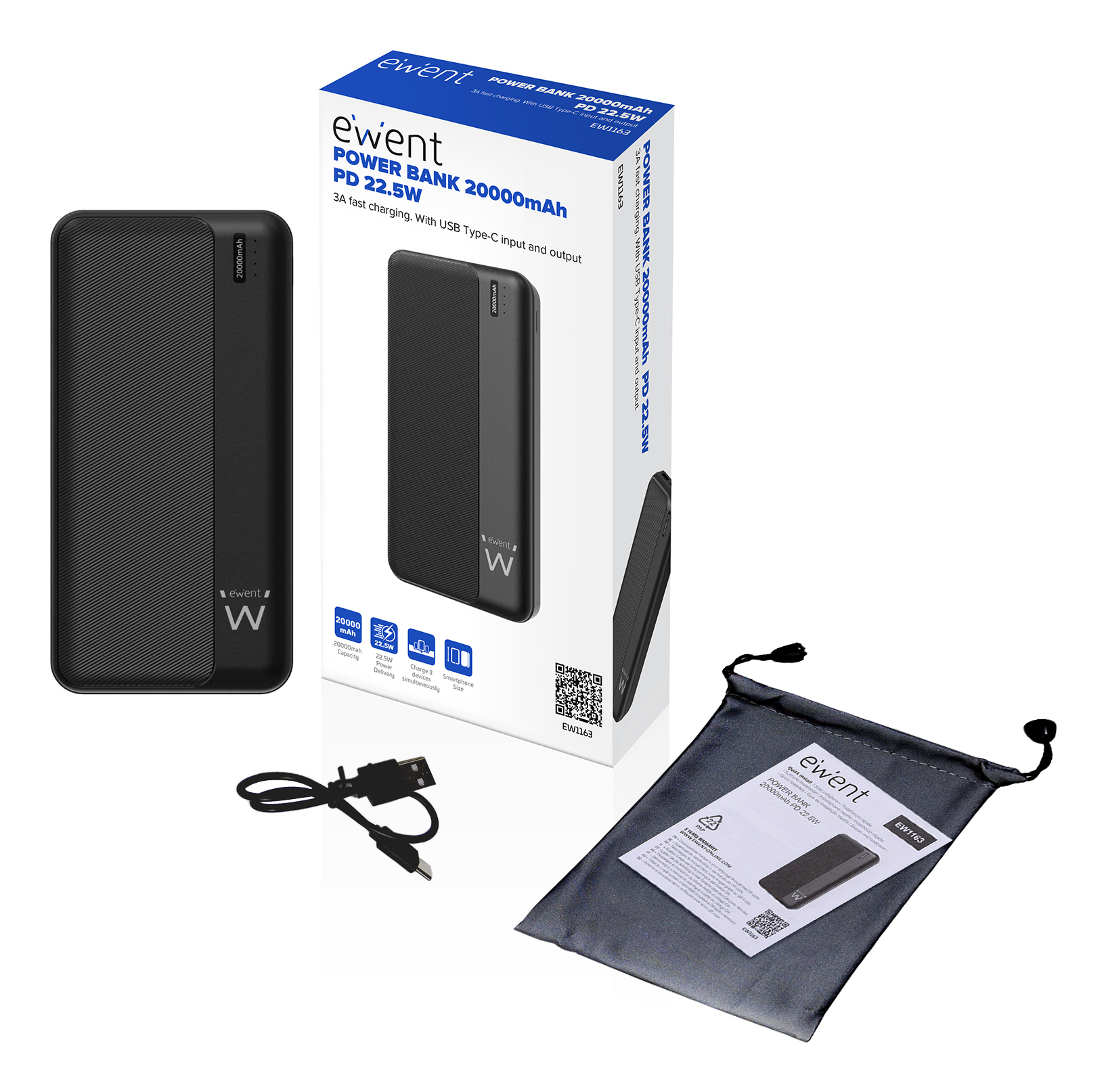 Ewent - Powerbank Ewent EW1163 20000mAh PD 22.5W Fast Charging Preta